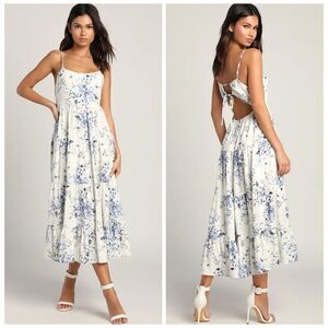 Lulus Mykonos Mood Ivory Floral Print Tie-Strap Tiered Midi Dress Size Large NEW